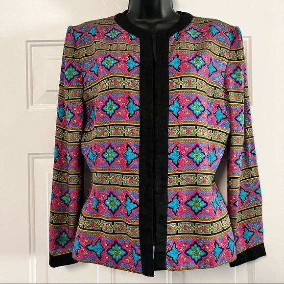 Adrianna Papell Silk Pink Gold Black Print Lightweight Open Waist Jacket S - Picture 1 of 8